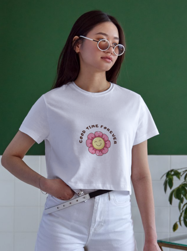 trendy good time cute flower graphic crop top for women - Forever TrendIn