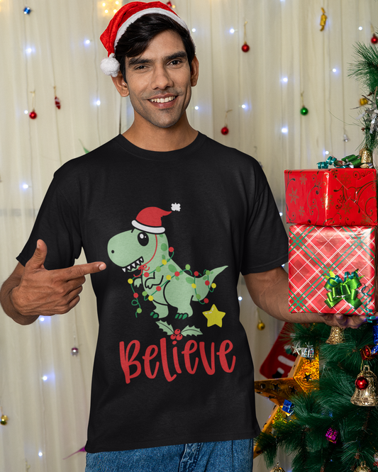 Trendy Cute Dinosaur Believe Christmas Graphic T-shirt for men - Forever TrendIn