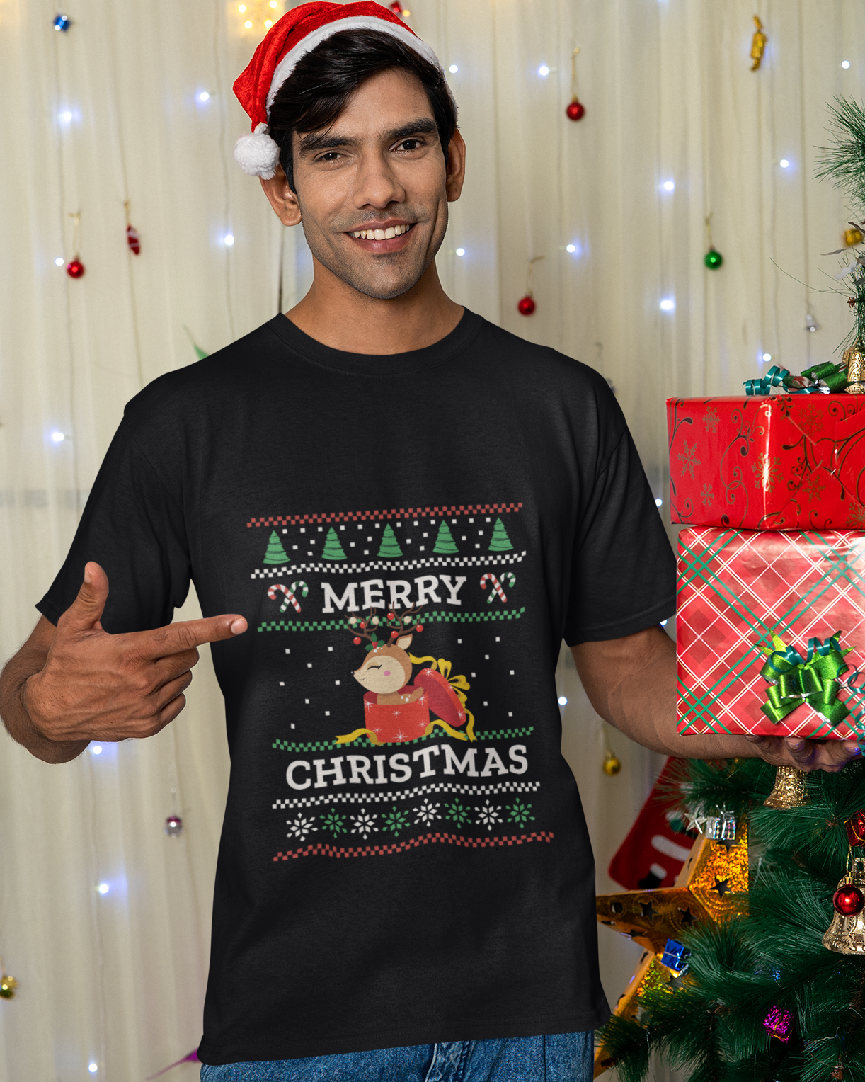 trendy Cute Reindeer Ugly Christmas Graphic t-shirt for men - Forever TrendIn