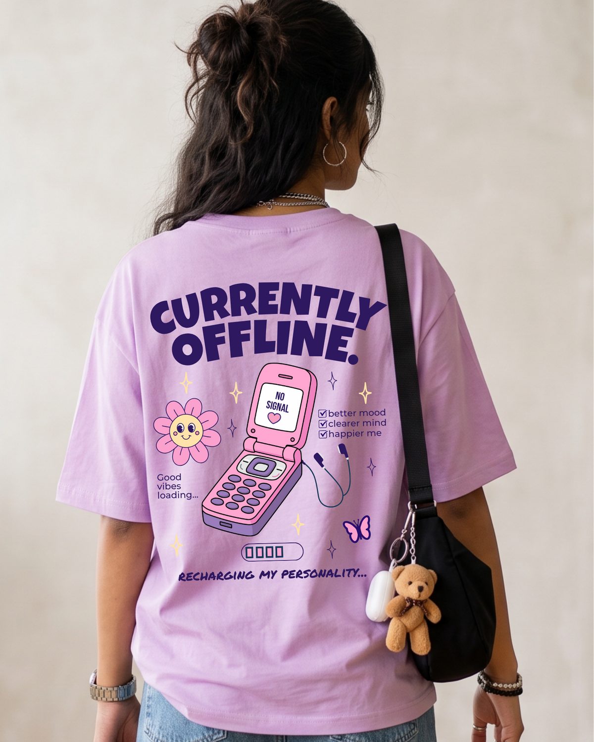 Trendy “Currently Offline – Recharging My Personality” Oversized Graphic T-Shirt for women - Forever TrendIn