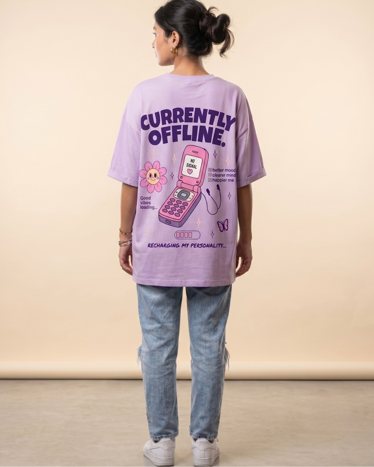 Trendy Funny “Currently Offline – Recharging My Personality” Oversized Graphic T-Shirt for women - Forever TrendIn