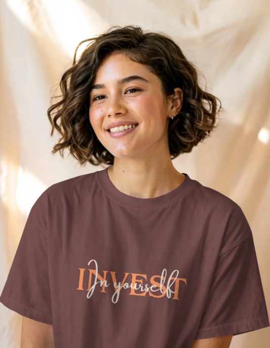 trendy invest in yourself typography oversized graphic t shirt for women - Forever TrendIn