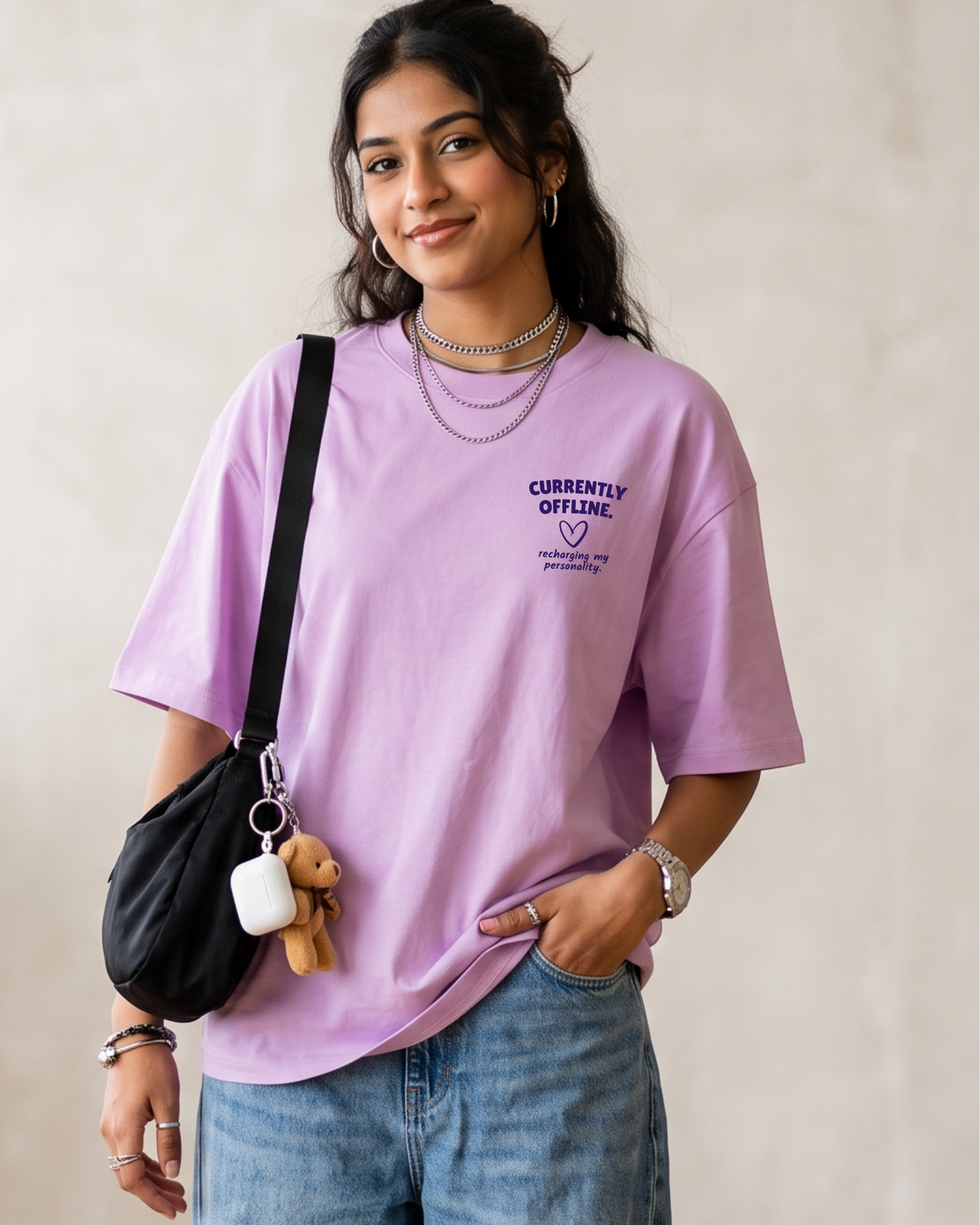 Trendy cute “Currently Offline – Recharging My Personality” Oversized Graphic T-Shirt for women - Forever TrendIn