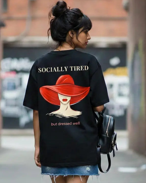 trendy socially tired bold statement oversized graphic t-shirt for women - Forever TrendIn