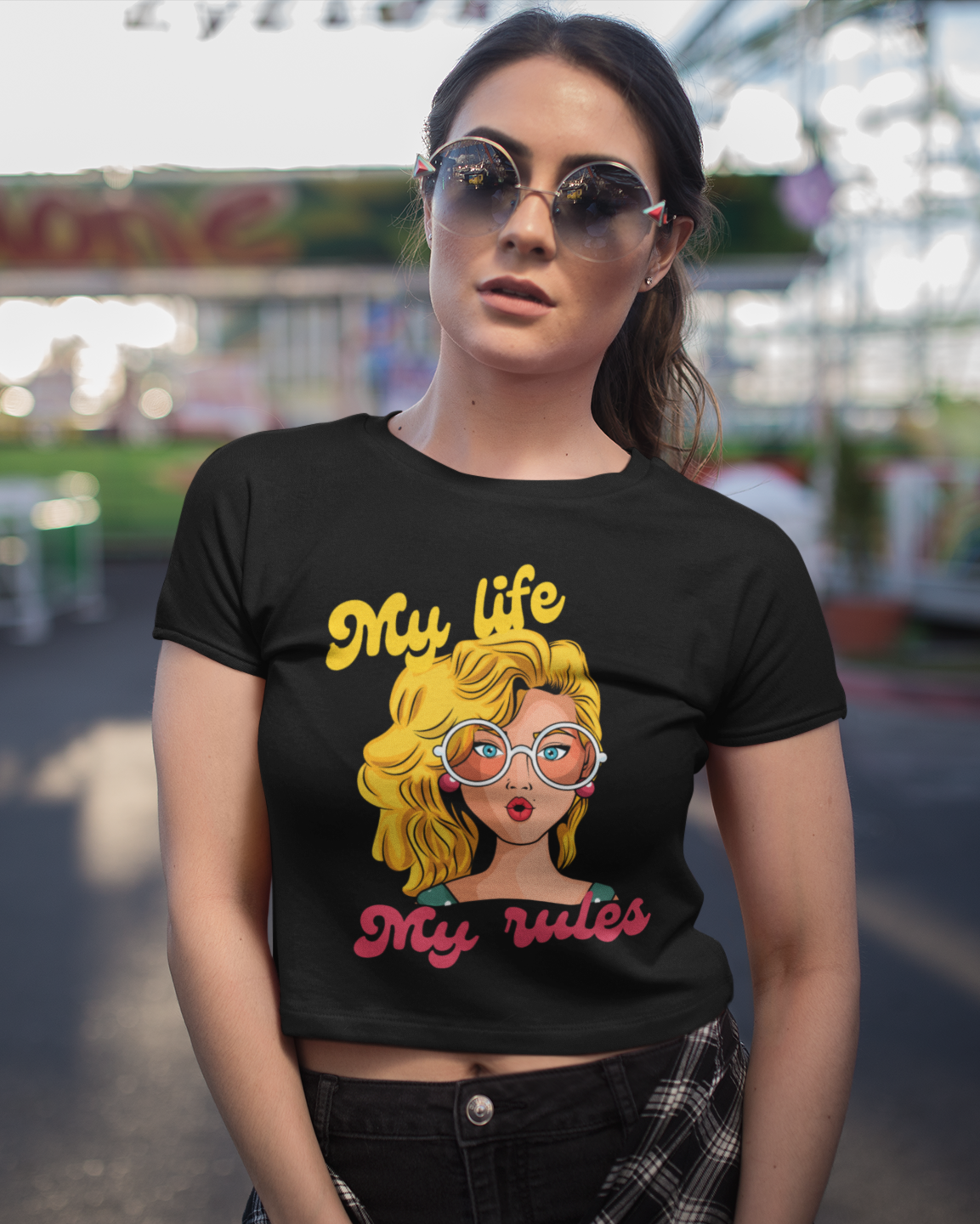 trendy my life quirky graphic crop top for women - Forever TrendIn