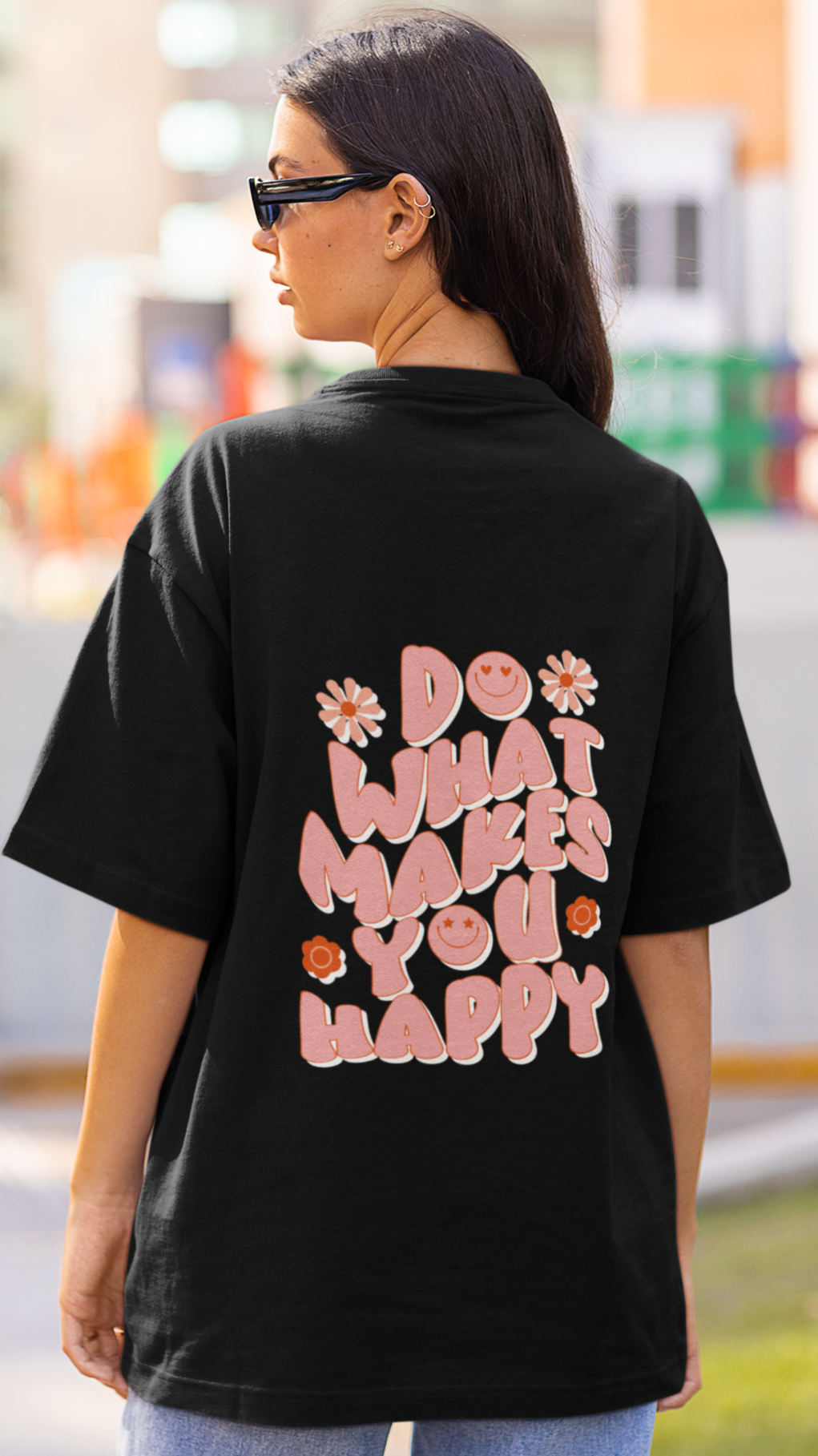 trendy retro happy wavy text oversized graphic t shirt for women - Forever TrendIn