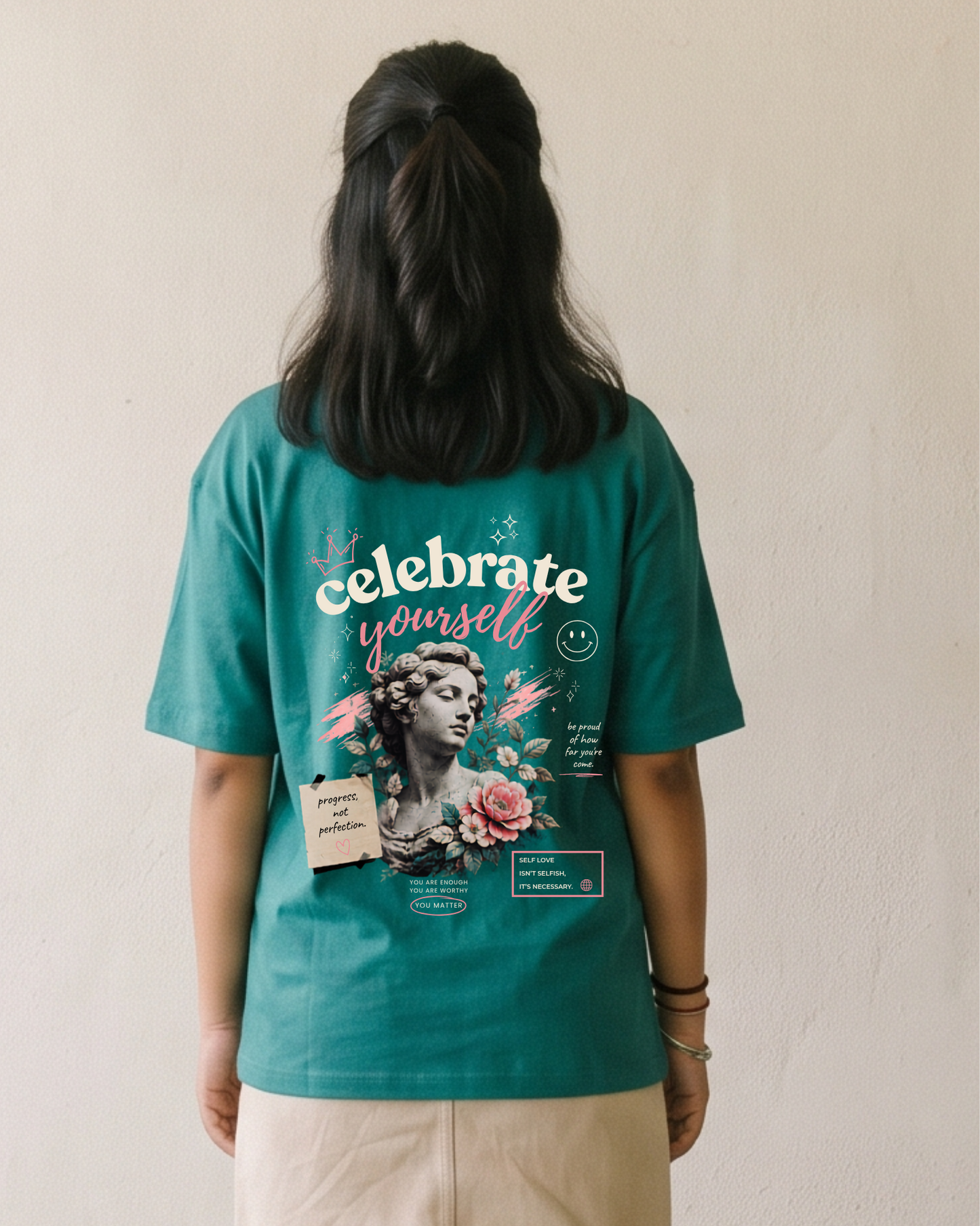 trendy celebrate yourself statement oversized graphic t-shirt for women - Forever TrendIn