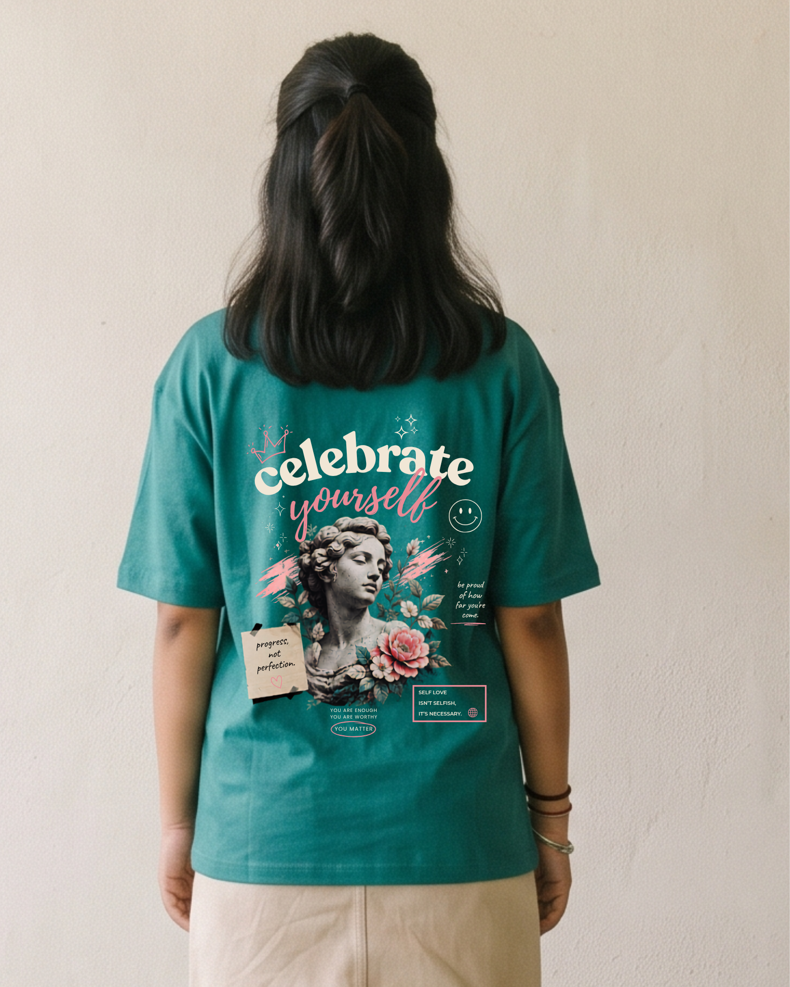 trendy celebrate yourself statement oversized graphic t-shirt for women - Forever TrendIn