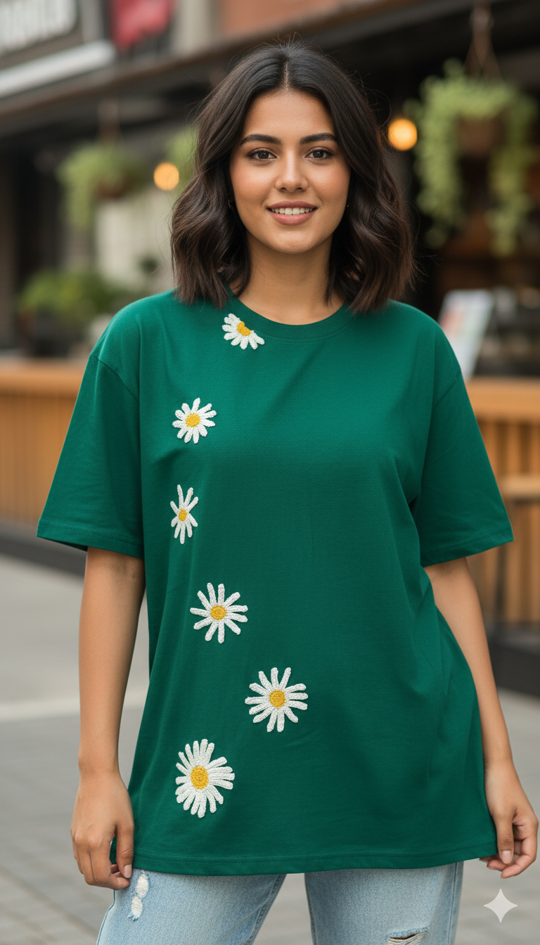 trendy daisy flower crochet handmade oversized t-shirt for women - Forever TrendIn