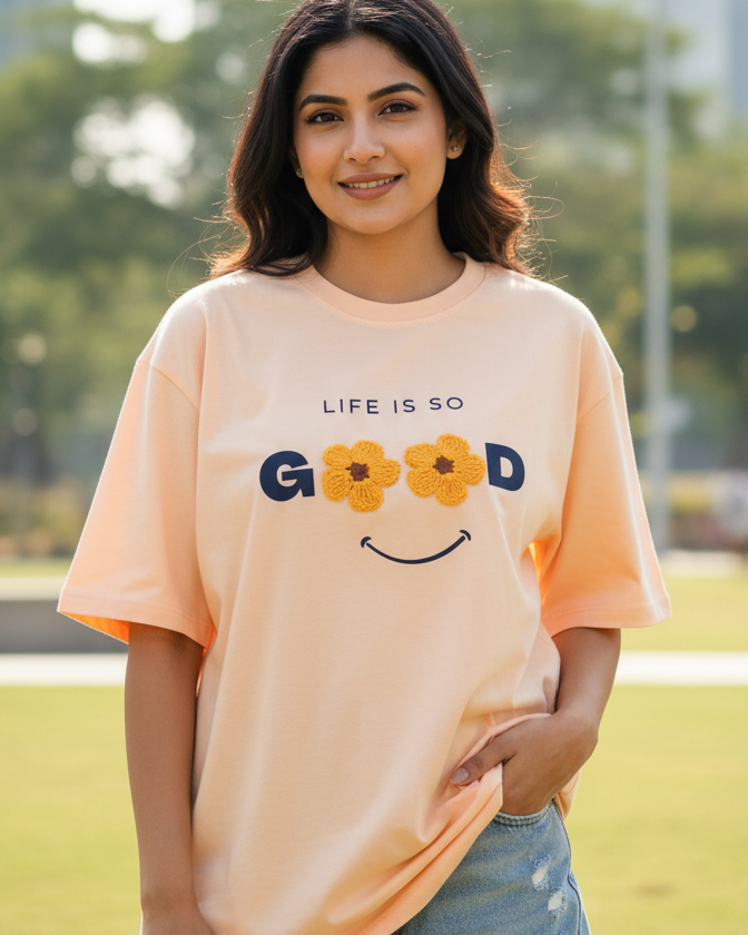 trendy life is so good crochet graphic oversized t shirt for women - Forever TrendIn