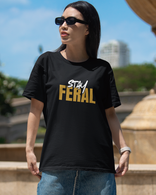 trendy stay feral typography oversized graphic t shirt for women - Forever TrendIn