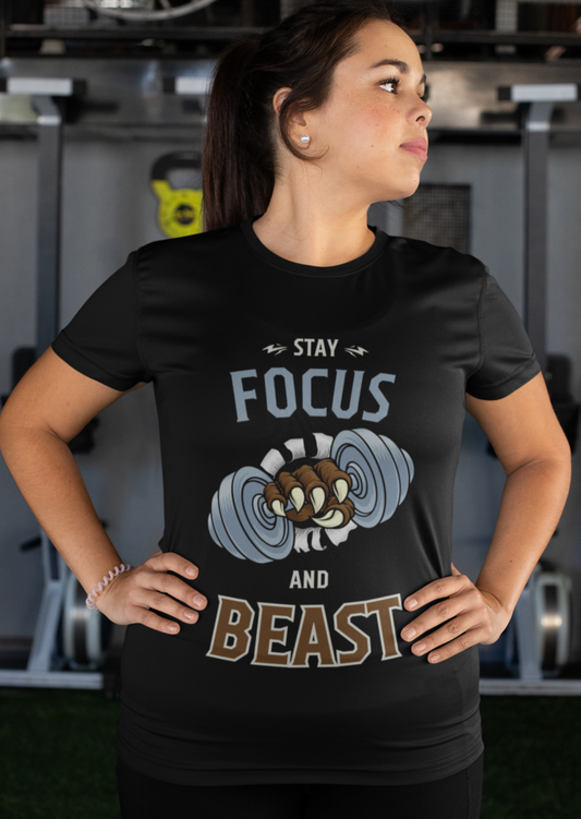 trendy stay focus and beast gym graphic t shirt for women - Forever TrendIn