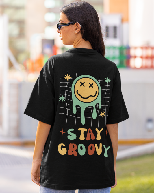 trendy stay groovy abstract oversized graphic t shirt for women - Forever TrendIn