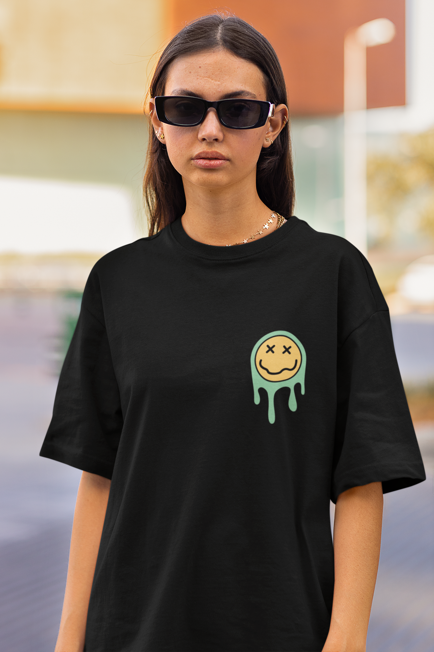 trendy stay groovy abstract smiley oversized graphic t shirt for women - Forever TrendIn